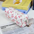 Quilted pencil case with cute pink cherry and bow print, large capacity canvas makeup storage bag. - Butterfly and Cherry