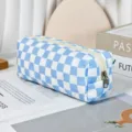 Blue and white checkered quilted pencil case and makeup storage bag with secure zipper closure. - Blue Checkerboard