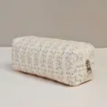 Pink floral quilted pencil case cosmetic pouch minimalist fabric storage bag for stationery - Small Green Leaf Pink Flower