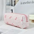 Pink checkered bow print makeup bag, cute minimalist fabric pencil case for daily storage. - Pink Plaid Butterfly