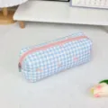 Blue and white checkered pencil case with pink bow print, cute aesthetic cosmetic storage bag. - Blue Plaid Butterfly