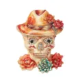 Broche crâne jour des morts avec rose en strass et chapeau, accessoire de mode festif exquis. - Orange