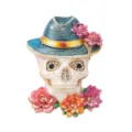 Broche Crâne Tête de Mort Strass Chapeau Bleu Fleurs Halloween Bijou Fantaisie Épinglette - Blanc