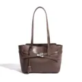 Brown leather women tote bag, large capacity shoulder handbag with stylish lock and dual straps. - Mocha Brown