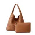 Élégant sac cabas d'épaule en cuir tressé marron avec pochette assortie casual set - Marron