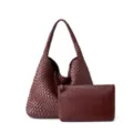 Sac cabas bandoulière en cuir tressé avec pochette, grand sac fourre-tout décontracté pour femme. - Café Foncé