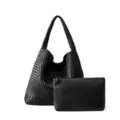 Sac cabas bandoulière tissé noir fait main avec pochette assortie pour femme chic - Noir