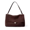 Brown suede shoulder bag vintage style flap turn lock elegant daily handbag for women - Coffee Large (Suede)