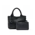 Sac cabas en cuir tressé noir avec pochette assortie, sac à main élégant et décontracté. - Noir