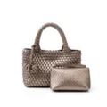 Metallic woven leather tote bag with small pouch, stylish casual handbag for women daily use. - Metallic Grey