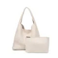 Beige woven leather tote shoulder bag with matching small pouch, casual large capacity beach bag. - Off White