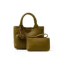 Olive green woven leather handbag tote bag and matching clutch set for women daily commute style. - Mustard Green