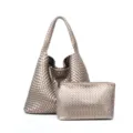 Handmade woven leather shoulder tote bag casual large capacity handbag for women beach vacation. - Metallic Gray