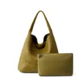 Olive green woven tote bag and pouch set, casual large capacity shoulder bag for women daily. - Mustard Green