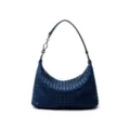 Woven leather shoulder bag for women, stylish dark blue hobo handbag with elegant texture. - Denim Blue