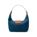 Blue nylon shoulder bag casual hobo handbag with brown leather flap handle daily use. - L / Indigo Blue