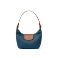 Blue nylon hobo shoulder bag with brown leather flap. Classic dumpling design for commute. - S / Indigo Blue
