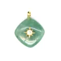 Closeup of green crystal rhombus pendant with gold sun inlay detail for jewelry making. - Aventurine Jade