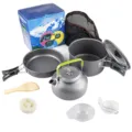 Portable camping cookware set details showing pots, kettle, pan, bowls, and accessories. - Pot+Frying Pan+Kettle+Accessories / Black
