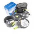 Detailed view of portable camping cookware set components including pots, kettle and bowls. - Pot+Frying Pan+Kettle+Accessories / Green