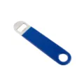 Stainless steel bar blade bottle opener detail showing durable blue rubber coating and hanging hole. - M / Blue