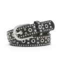 Women's black punk rhinestone rivet leather belt with silver metal pin buckle and eyelets. - Black