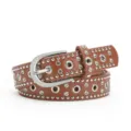 Brown rhinestone studded punk belt for women with silver pin buckle and decorative eyelets. - Tan