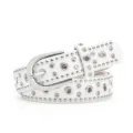 Trendy white leather punk rhinestone rivet belt with silver pin buckle and multi-hole decor. - White