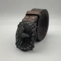 Detailed close-up shot of men's vintage western cowboy leather belt with ornate bull head buckle. - One Size (Length 125cm Width 4cm) / Black Bull Buckle Dark Brown Strap (Style 4)