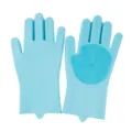 Silicone dishwashing cleaning gloves detail view, dual-sided scrub brushes, bright blue color. - Blue