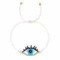 Handgemaakt geweven witte armband met blauwe boze oog kralen en verstelbaar ontwerp. - Wit