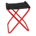 Portable folding camping stool featuring a red aluminum alloy frame and black fabric seat. - Red