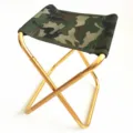 Portable outdoor folding camping stool with camo seat and gold aluminum alloy frame. - Green Camo Gold