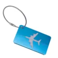 Blue aluminum luggage tag with steel wire loop, airplane design travel bag ID tag label. - Sky Blue