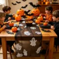 Halloween party scene decoration with luminous pumpkin lights and spooky ghost table runner. - 180*75cm / Black and White Ghost