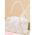 White 3D Rose Flower Handbag with Pearl Handle and Gold Chain Variant Daily Style - White