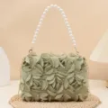 Light green 3D rose flower handbag with pearl top handle and gold chain strap for daily style. - Green