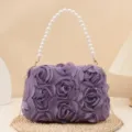 Purple 3D rose flower handbag with elegant pearl handle and chic metal chain strap. - Purple