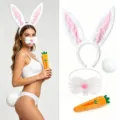 Easter bunny costume set including fluffy ears headband, cute nose mask, tail and carrot. - Four-Piece Set / White