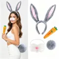 Grey plush bunny ear headband carrot plush toy rabbit tail set for Easter party costume - Four-Piece Set / Gray