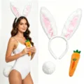 Easter bunny ears headband plush tail and carrot costume set for holiday party cosplay. - Three-Piece Set / White
