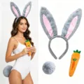 Gray bunny ears headband plush tail and carrot costume set for Easter Halloween party - Three-Piece Set / Gray