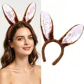 Cute brown plush bunny ear headband with soft pink satin lining for Easter parties. - Bunny Ear Headband / Brown
