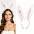 Plush white bunny ears headband, cute pink inner lining, perfect for Easter and Halloween. - Faux Fur Rabbit Ear Headband / White