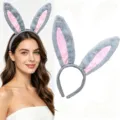 Grey plush bunny ear headband with pink inner ears, perfect for Easter and Halloween parties. - Faux Fur Rabbit Ear Headband / Gray