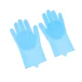 Silicone cleaning gloves detail view, featuring dense palm bristles for efficient washing. - Blue
