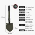Folding tactical shovel detail view showing compact size, carbon steel material and compass. - 40-58cm / Small Compass Regular Army Green