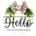 Wooden Round Welcome Door Sign with Artificial Greenery and Buffalo Plaid Fabric Bow for Home - Rustic Hello Style (MPH6004)