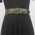 Punk rock wide black leather belt featuring triple square brass rivet eyelets. - Black Belt With Bronze Square Rivets