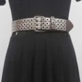 Punk rock leather belt with triple row square rivet eyelets, retro style accessory detail. - Coffee Belt With Silver Square Rivets